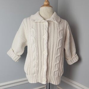 GAP Cream White Cable‎ Knit Chunky 3/4 Dolman Sleeve Collar Cardigan Sweater M